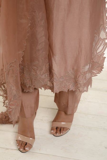 Buy Omana By Ranjana Bothra Brown Chanderi, Organza Embroidery, Applique, Cut Shahin Placement Kurta Set Online at Aza Fashions Buy_Omana By Ranjana Bothra_Brown Chanderi, Organza Embroidery, Applique, Cut Shahin Placement Kurta Set _Online_at_Aza_Fashions
