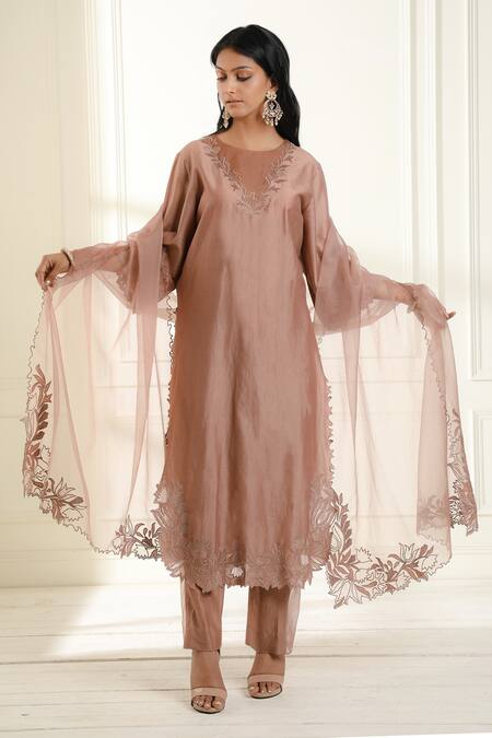 Shop Omana By Ranjana Bothra Brown Chanderi, Organza Embroidery, Applique, Cut Shahin Placement Kurta Set Online at Aza Fashions Shop_Omana By Ranjana Bothra_Brown Chanderi, Organza Embroidery, Applique, Cut Shahin Placement Kurta Set _Online_at_Aza_Fashions