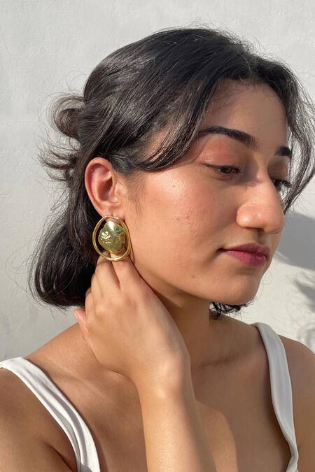 Anushka Jain Jewellery_Gold Plated Molten Shield Earrings_Online_at_Aza_Fashions