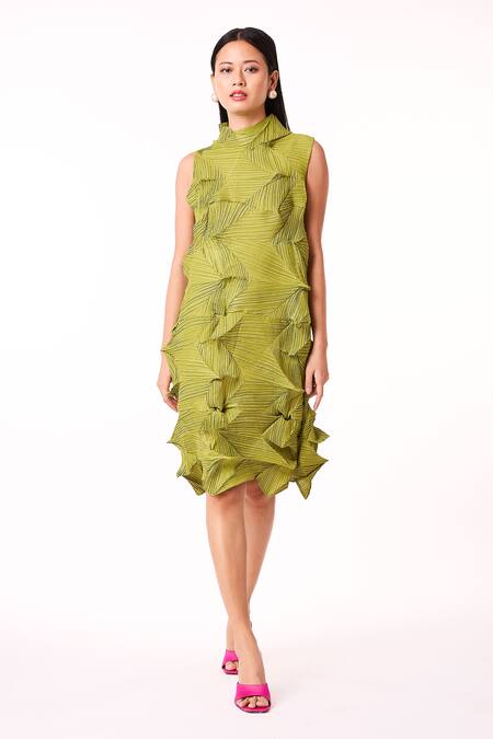 Scarlet Sage_Green Polyester High Neck Mona 3d Structured Sleeveless Dress_Online_at_Aza_Fashions
