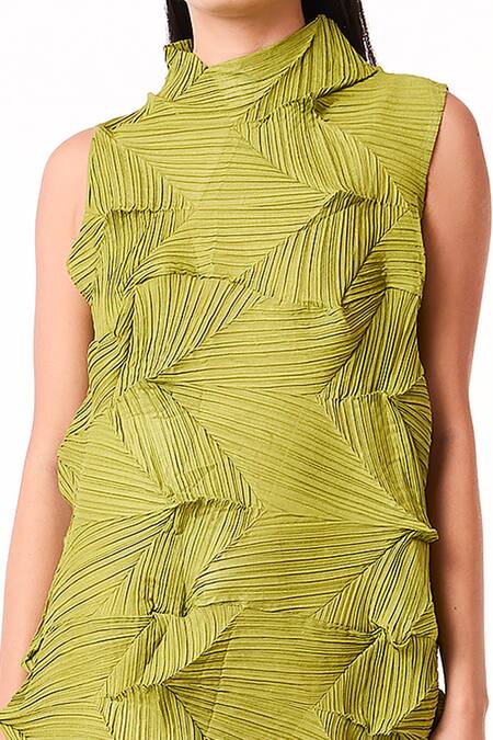 Buy_Scarlet Sage_Green Polyester High Neck Mona 3d Structured Sleeveless Dress_Online_at_Aza_Fashions