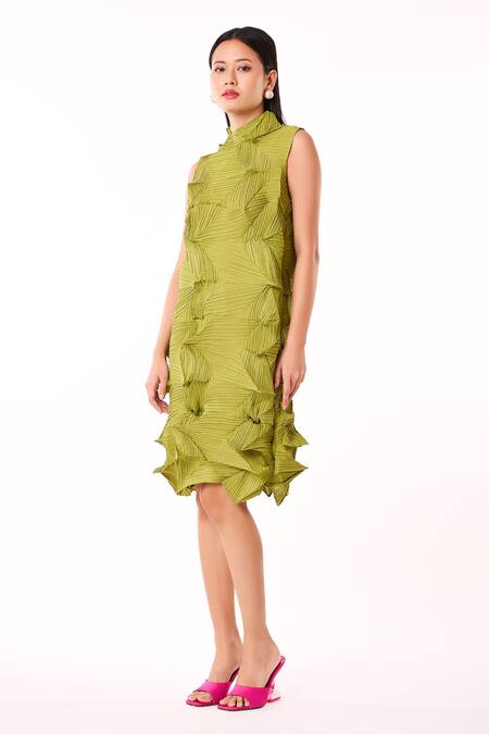 Shop_Scarlet Sage_Green Polyester High Neck Mona 3d Structured Sleeveless Dress_Online_at_Aza_Fashions