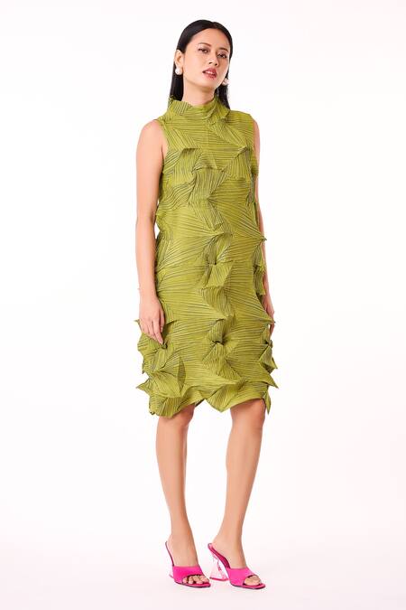Scarlet Sage_Green Polyester High Neck Mona 3d Structured Sleeveless Dress_at_Aza_Fashions