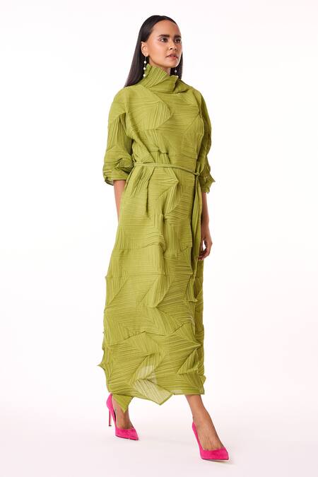 Buy_Scarlet Sage_Green Polyester High Neck Mona 3d Structured Dress_Online_at_Aza_Fashions