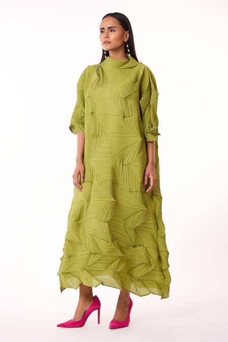 Scarlet Sage_Green Polyester High Neck Mona 3d Structured Dress_at_Aza_Fashions