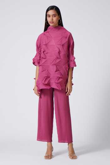 Scarlet Sage_Pink 100% Polyester High Neck Mona 3d Pleated Top And Pant Set_Online_at_Aza_Fashions