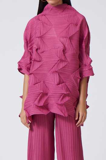 Buy_Scarlet Sage_Pink 100% Polyester High Neck Mona 3d Pleated Top And Pant Set_Online_at_Aza_Fashions