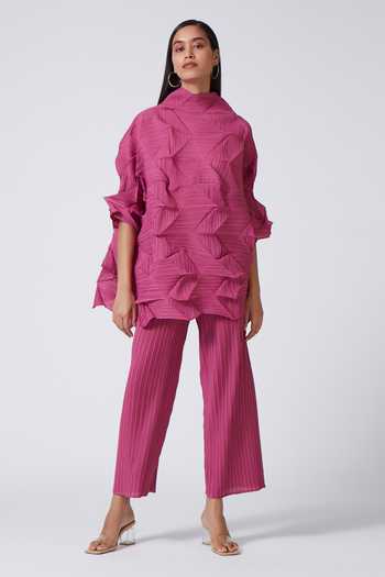 Shop_Scarlet Sage_Pink 100% Polyester High Neck Mona 3d Pleated Top And Pant Set_Online_at_Aza_Fashions