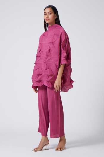 Scarlet Sage_Pink 100% Polyester High Neck Mona 3d Pleated Top And Pant Set_at_Aza_Fashions
