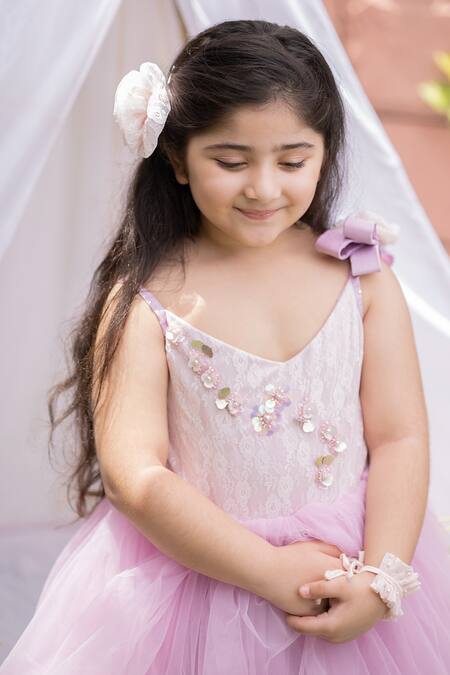 Darleen Kids Couture_Purple Net, Satin, Chanderi, Taffeta Sequins Monika Floral Embroidered Dress _Online_at_Aza_Fashions