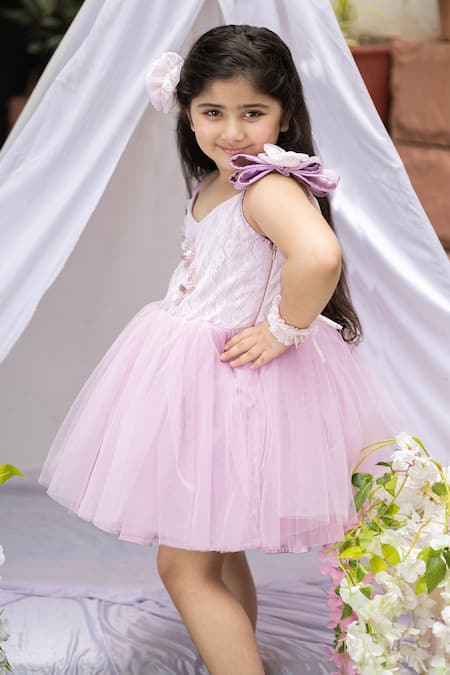 Buy_Darleen Kids Couture_Purple Net, Satin, Chanderi, Taffeta Sequins Monika Floral Embroidered Dress _Online_at_Aza_Fashions