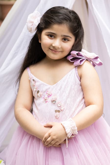 Shop_Darleen Kids Couture_Purple Net, Satin, Chanderi, Taffeta Sequins Monika Floral Embroidered Dress _Online_at_Aza_Fashions