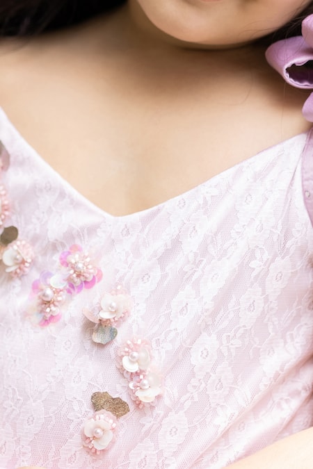 Darleen Kids Couture_Purple Net, Satin, Chanderi, Taffeta Sequins Monika Floral Embroidered Dress _at_Aza_Fashions