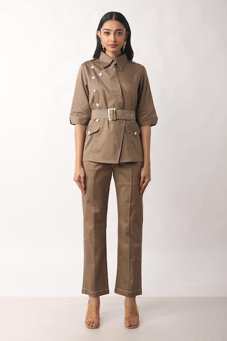 Veera Wear_Beige Cotton Buckles Collared Moss Co-ord Set _Online_at_Aza_Fashions