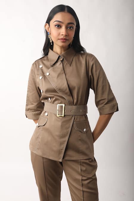 Buy_Veera Wear_Beige Cotton Buckles Collared Moss Co-ord Set _Online_at_Aza_Fashions