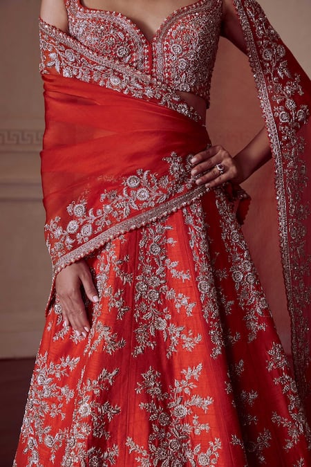 Mrunalini Rao Orange Silk, Organza Embroidery, Zari Pearl Flower Bunch Bridal Lehenga Set Online at Aza Fashions Mrunalini Rao_Orange Silk, Organza Embroidery, Zari Pearl Flower Bunch Bridal Lehenga Set _Online_at_Aza_Fashions