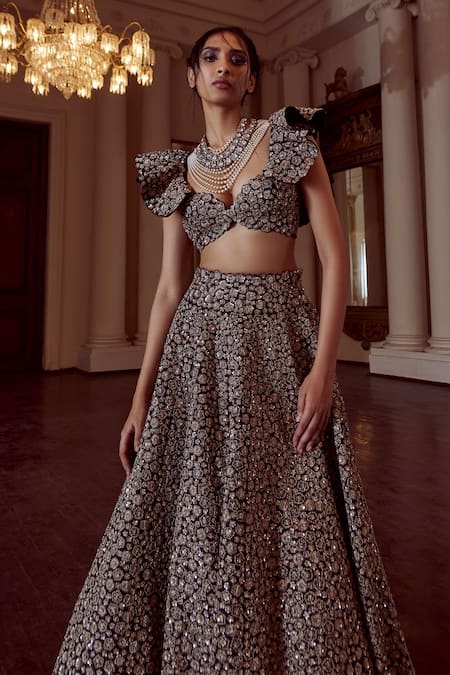 Mrunalini Rao_Black Silk, Net, Organza Zari, Embroidery Taara Bloom Zardozi Work Lehenga Set _Online_at_Aza_Fashions