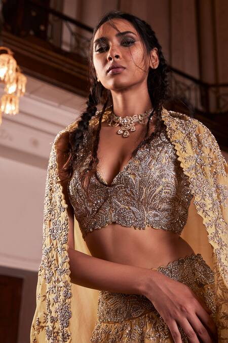 Mrunalini Rao Yellow Satin, Organza, Silk Zari, Taara And Zardozi Work Bridal Lehenga Set Online at Aza Fashions Mrunalini Rao_Yellow Satin, Organza, Silk Zari, Taara And Zardozi Work Bridal Lehenga Set _Online_at_Aza_Fashions