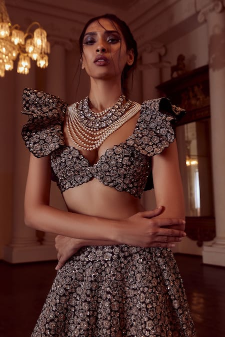 Buy_Mrunalini Rao_Black Silk, Net, Organza Zari, Embroidery Taara Bloom Zardozi Work Lehenga Set _Online_at_Aza_Fashions