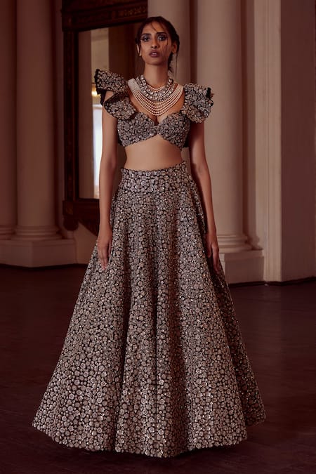 Shop_Mrunalini Rao_Black Silk, Net, Organza Zari, Embroidery Taara Bloom Zardozi Work Lehenga Set _Online_at_Aza_Fashions