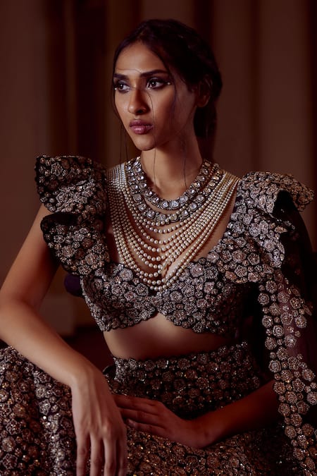 Mrunalini Rao_Black Silk, Net, Organza Zari, Embroidery Taara Bloom Zardozi Work Lehenga Set _at_Aza_Fashions
