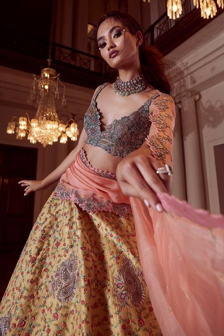 Shop_Mrunalini Rao_Yellow Silk, Organza Embroidery Nemali Lata Zardozi Work Bridal Lehenga Set _Online_at_Aza_Fashions