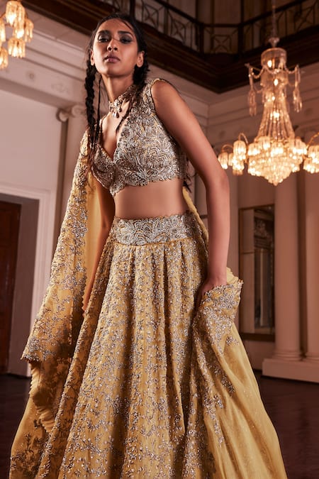 Buy Mrunalini Rao Yellow Satin, Organza, Silk Zari, Taara And Zardozi Work Bridal Lehenga Set Online at Aza Fashions Buy_Mrunalini Rao_Yellow Satin, Organza, Silk Zari, Taara And Zardozi Work Bridal Lehenga Set _Online_at_Aza_Fashions