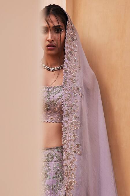 Mrunalini Rao_Purple Satin, Organza, Silk Zari, Embroidery Leela Florette Bridal Lehenga Set _Online_at_Aza_Fashions
