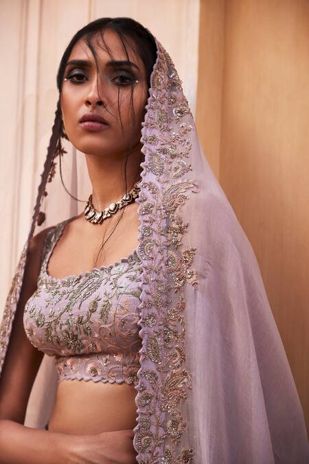 Buy_Mrunalini Rao_Purple Satin, Organza, Silk Zari, Embroidery Leela Florette Bridal Lehenga Set _Online_at_Aza_Fashions