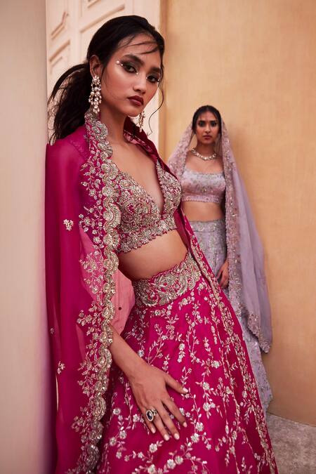 Buy_Mrunalini Rao_Pink Satin, Organza, Silk Embroidery, Zari Lata Zardozi Bridal Lehenga Set _Online_at_Aza_Fashions