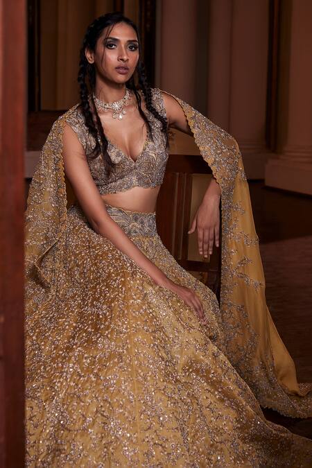 Shop Mrunalini Rao Yellow Satin, Organza, Silk Zari, Taara And Zardozi Work Bridal Lehenga Set Online at Aza Fashions Shop_Mrunalini Rao_Yellow Satin, Organza, Silk Zari, Taara And Zardozi Work Bridal Lehenga Set _Online_at_Aza_Fashions