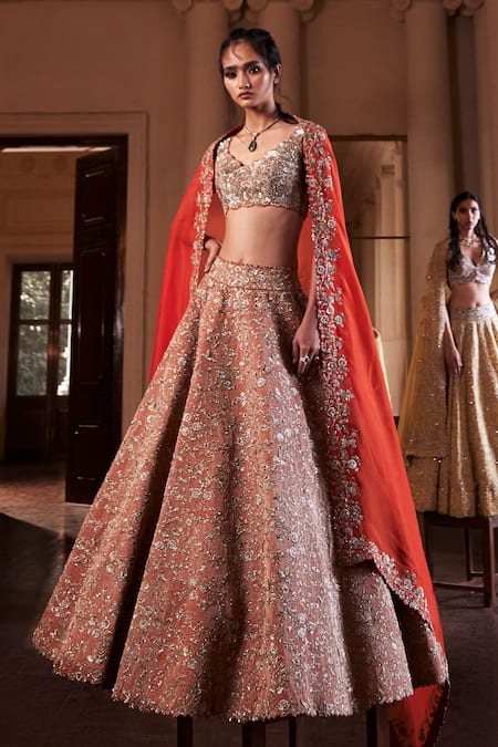 Buy Mrunalini Rao Orange Silk, Organza Embroidery, Sequins, Zari Cowl Lilette Bridal Lehenga Set Buy_Mrunalini Rao_Orange Silk, Organza Embroidery, Sequins, Zari Cowl Lilette Bridal Lehenga Set