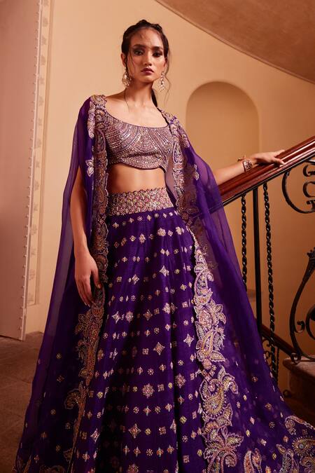 Mrunalini Rao Purple Silk, Organza Embroidery, Sequins Scoop Meena Lehenga And Cutwork Cape Set Online at Aza Fashions Mrunalini Rao_Purple Silk, Organza Embroidery, Sequins Scoop Meena Lehenga And Cutwork Cape Set _Online_at_Aza_Fashions