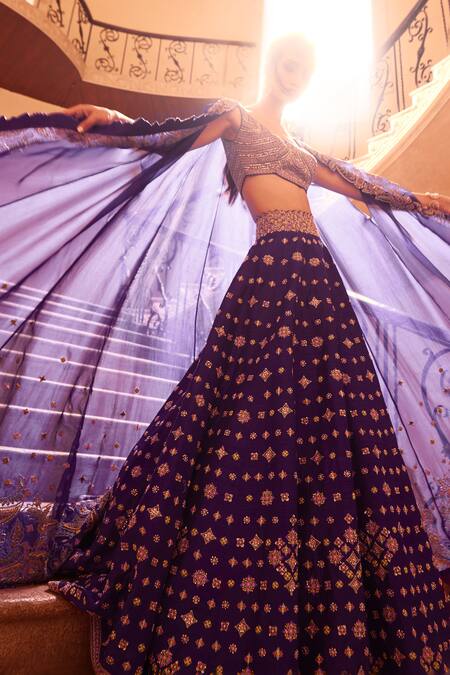 Shop Mrunalini Rao Purple Silk, Organza Embroidery, Sequins Scoop Meena Lehenga And Cutwork Cape Set Online at Aza Fashions Shop_Mrunalini Rao_Purple Silk, Organza Embroidery, Sequins Scoop Meena Lehenga And Cutwork Cape Set _Online_at_Aza_Fashions