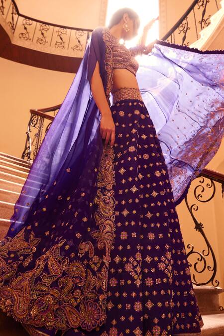 Mrunalini Rao Purple Silk, Organza Embroidery, Sequins Scoop Meena Lehenga And Cutwork Cape Set at Aza Fashions Mrunalini Rao_Purple Silk, Organza Embroidery, Sequins Scoop Meena Lehenga And Cutwork Cape Set _at_Aza_Fashions