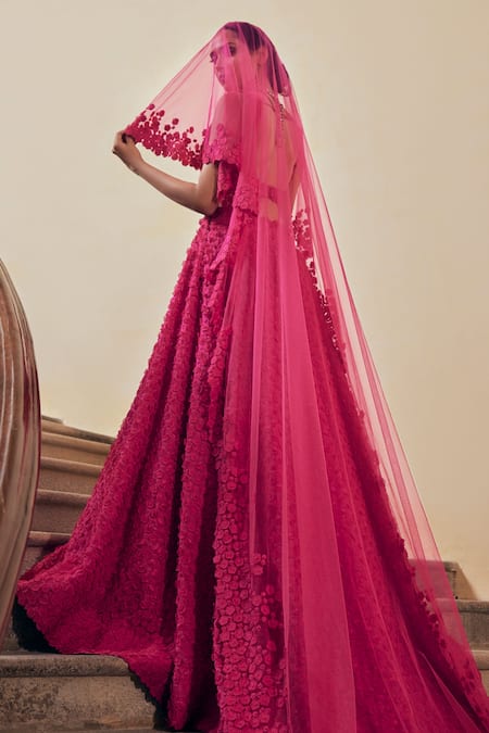 Mrunalini Rao Pink Organza, Net, Sheer Mudra 3d Flower Bridal Lehenga Set Online at Aza Fashions Mrunalini Rao_Pink Organza, Net, Sheer Mudra 3d Flower Bridal Lehenga Set _Online_at_Aza_Fashions