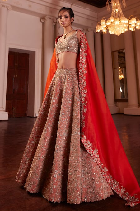 Shop Mrunalini Rao Orange Silk, Organza Embroidery, Sequins, Zari Cowl Lilette Bridal Lehenga Set Online at Aza Fashions Shop_Mrunalini Rao_Orange Silk, Organza Embroidery, Sequins, Zari Cowl Lilette Bridal Lehenga Set _Online_at_Aza_Fashions