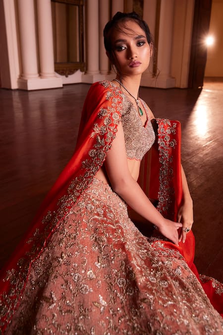 Mrunalini Rao Orange Silk, Organza Embroidery, Sequins, Zari Cowl Lilette Bridal Lehenga Set at Aza Fashions Mrunalini Rao_Orange Silk, Organza Embroidery, Sequins, Zari Cowl Lilette Bridal Lehenga Set _at_Aza_Fashions