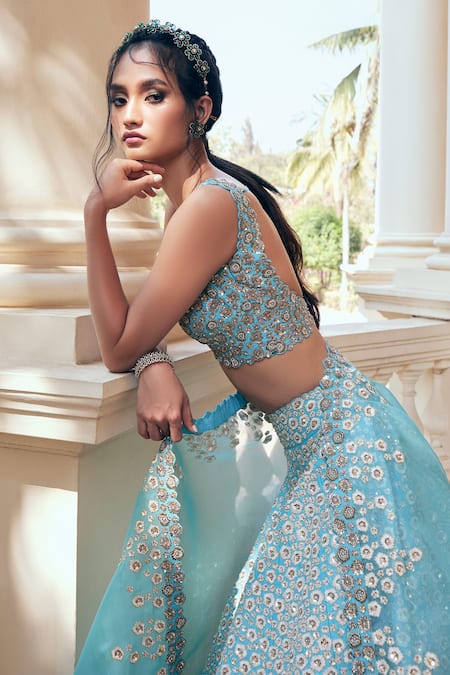 Buy_Mrunalini Rao_Blue Silk, Organza Zari, Embroidery Taara Bloom Zardozi Work Bridal Lehenga Set _Online_at_Aza_Fashions
