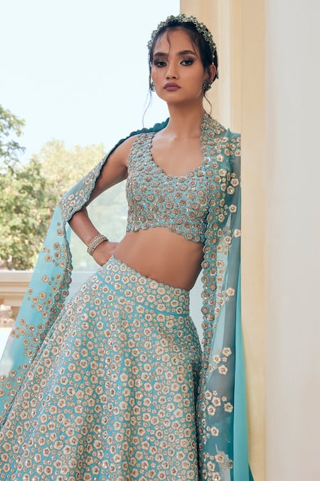 Shop_Mrunalini Rao_Blue Silk, Organza Zari, Embroidery Taara Bloom Zardozi Work Bridal Lehenga Set _Online_at_Aza_Fashions