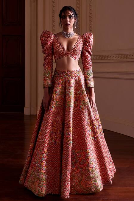Mrunalini Rao Red Rayon, Organza, Silk Cut Work, Mayna Mosaic Lehenga And Blouse Set Online at Aza Fashions Mrunalini Rao_Red Rayon, Organza, Silk Cut Work, Mayna Mosaic Lehenga And Blouse Set _Online_at_Aza_Fashions