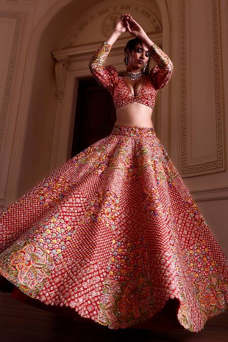 Shop Mrunalini Rao Red Rayon, Organza, Silk Cut Work, Mayna Mosaic Lehenga And Blouse Set Online at Aza Fashions Shop_Mrunalini Rao_Red Rayon, Organza, Silk Cut Work, Mayna Mosaic Lehenga And Blouse Set _Online_at_Aza_Fashions