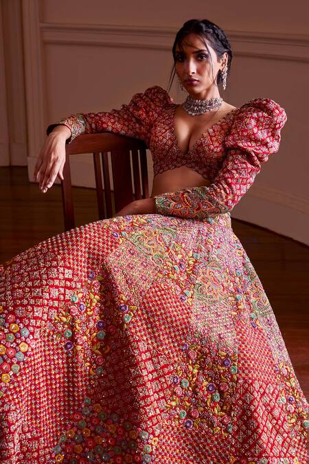 Buy Mrunalini Rao Red Rayon, Organza, Silk Cut Work, Mayna Mosaic Lehenga And Blouse Set Buy_Mrunalini Rao_Red Rayon, Organza, Silk Cut Work, Mayna Mosaic Lehenga And Blouse Set