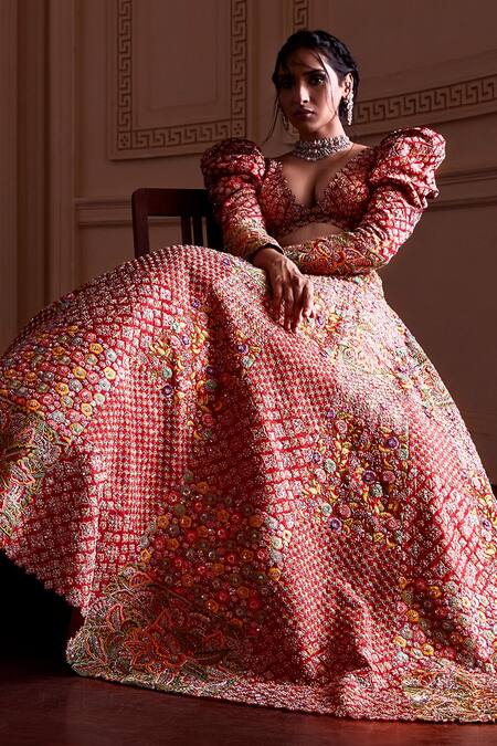 Shop Mrunalini Rao Red Rayon, Organza, Silk Cut Work, Mayna Mosaic Lehenga And Blouse Set Shop_Mrunalini Rao_Red Rayon, Organza, Silk Cut Work, Mayna Mosaic Lehenga And Blouse Set