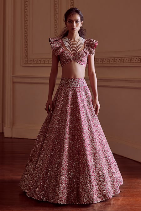 Buy Mrunalini Rao Pink Silk, Organza Embroidery, Zari Taara Bloom Zardozi Work Lehenga Set Online at Aza Fashions Buy_Mrunalini Rao_Pink Silk, Organza Embroidery, Zari Taara Bloom Zardozi Work Lehenga Set _Online_at_Aza_Fashions
