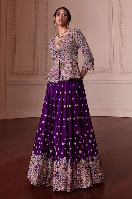 Buy Purple Raw Silk Embroidered Zardozi Plunge V Neck Meenakari Lehenga With Jacket For Women by Mrunalini Rao Online at Aza Fashions