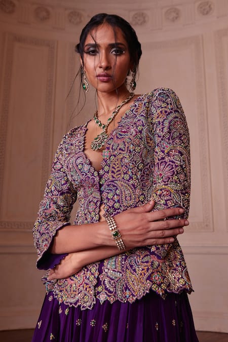 Shop Mrunalini Rao Purple , Satin, Rayon Zari, Embroidery Meenakari Lehenga With Jacket Online at Aza Fashions Shop_Mrunalini Rao_Purple , Satin, Rayon Zari, Embroidery Meenakari Lehenga With Jacket _Online_at_Aza_Fashions