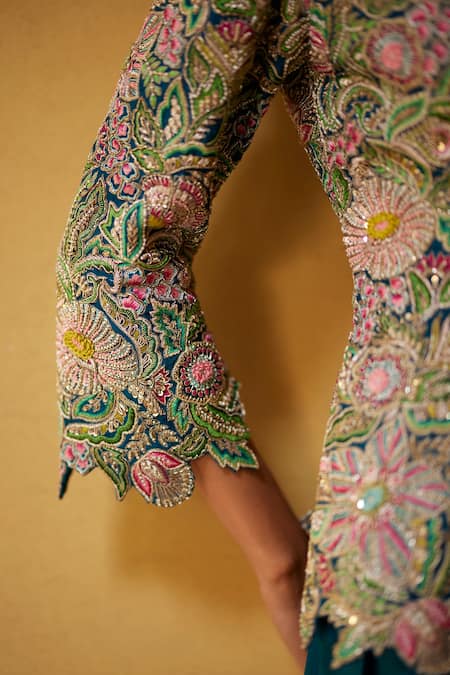 Buy Mrunalini Rao Blue Silk Embroidery, Zari V-neck Peplum Jacket Flared Pant Set Online at Aza Fashions Buy_Mrunalini Rao_Blue Silk Embroidery, Zari V-neck Peplum Jacket Flared Pant Set _Online_at_Aza_Fashions