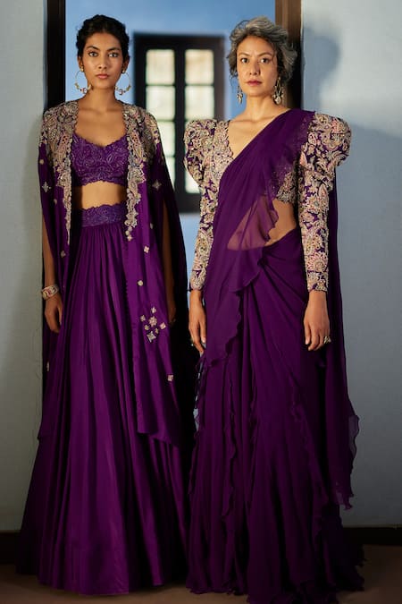 Buy Mrunalini Rao Purple Silk Embroidery, Cut Work Sweetheart Neck Paisley Cape Lehenga Set Online at Aza Fashions Buy_Mrunalini Rao_Purple Silk Embroidery, Cut Work Sweetheart Neck Paisley Cape Lehenga Set _Online_at_Aza_Fashions