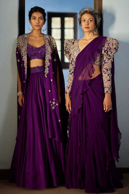 Buy_Mrunalini Rao_Purple Chiffon, Silk Embroidery V-neck Ruffle Saree With Multi Colored Blouse _Online_at_Aza_Fashions